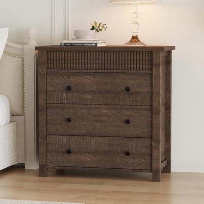 Ladekast met 3 Lades - Houten Nachtkastje met Geribbeld Design - Opbergkast voor Slaapkamer, Hal & Woonkamer - Walnoot