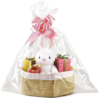 Mand voor geschenken, katoenen touw, geschenkmanden leeg, kaki-wit-kleurencombinatie, gevlochten manden, met transparante zak en strik, voor verjaardag, bruiloft, Thanksgiving, Kerstmis