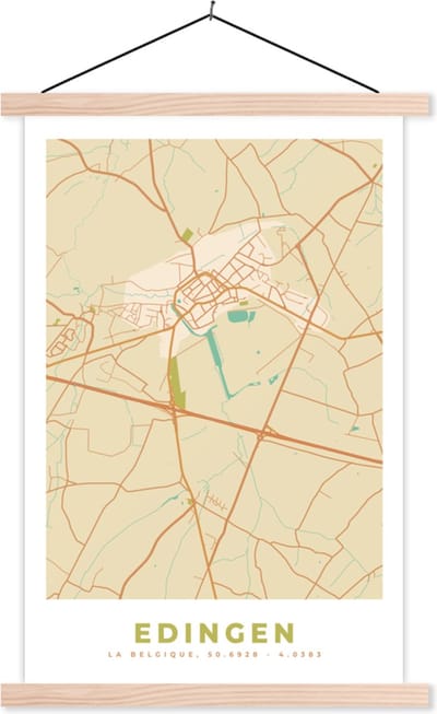 Posterhanger incl. Poster 40x60 cm - Schoolplaat - Kaart - Vintage - Plattegrond - Stadskaart - Edingen - Textielposter - Blanke latten - Stadskaart