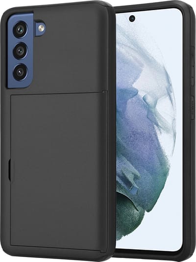 ShieldCase kaarthouder case met slide geschikt voor Samsung Galaxy S21 FE hoesje - Hardcover hoesje met ruimte voor pasjes - Extra sterke bescherming - Kwalitatieve backcover - zwart