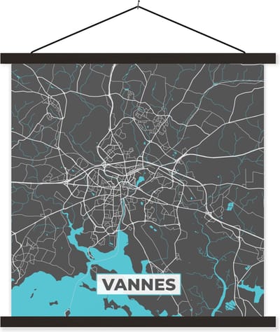 Posterhanger incl. Poster 60x60 cm - Schoolplaat - Vannes - Frankrijk - Plattegrond - Stadskaart - Kaart - Textielposter - Zwarte latten - Stadskaart