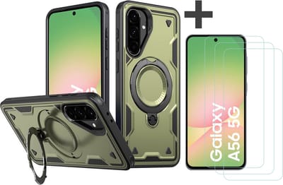 Hoesje Geschikt voor Samsung Galaxy A56 met 3 Stuks gehard glas Screenprotectors - Armor hoes met Ringhouder - Arara backcover - Groen