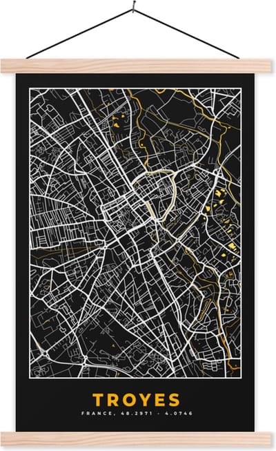 Posterhanger incl. Poster 40x60 cm - Schoolplaat - Kaart – Stadskaart – Troyes - Plattegrond – Frankrijk - Textielposter - Blanke latten - Stadskaart