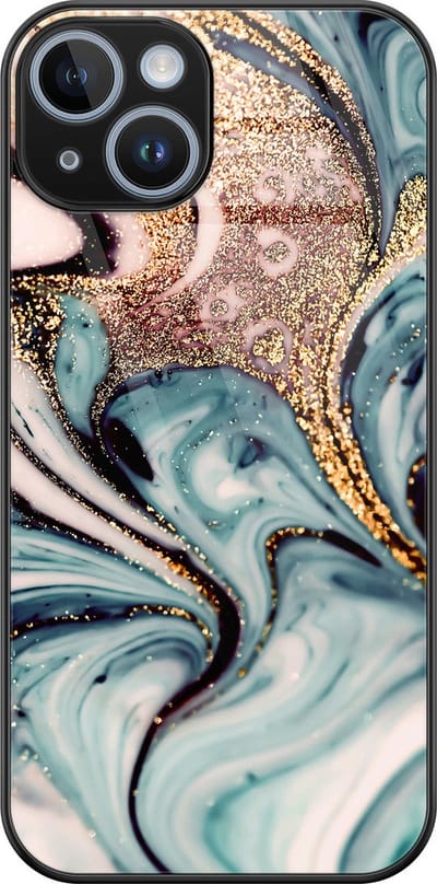 Hoesje geschikt voor iPhone 14 - Marmer blauw goud - Luxe Glazen Hardcase - Marmer - Blauw, Goud - Leuke Telefoonhoesjes
