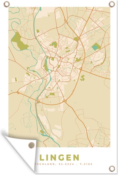 Muurdecoratie Lingen - Stadskaart - Kaart - Vintage - Plattegrond - 120x180 cm - Tuinposter - Tuindoek