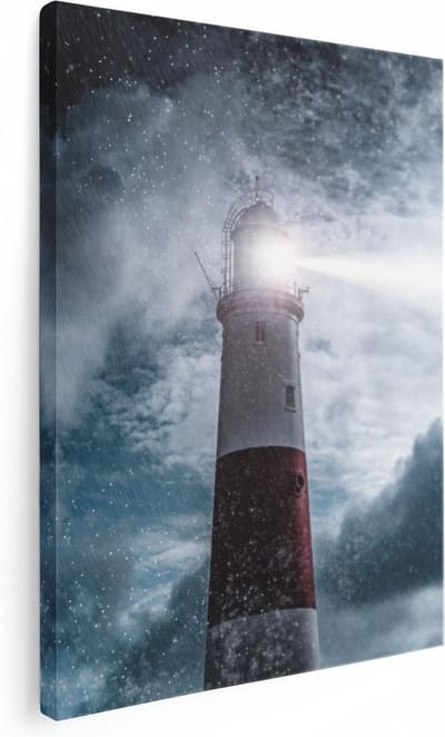 Artaza Canvas Schilderij Vuurtoren - 30x40 cm - Klein - Wanddecoratie Zee - Muurdecoratie Storm - Kamer Accessoires Nacht