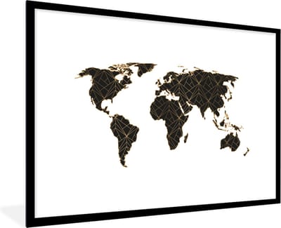 Poster in lijst - Fotolijst 120x80 cm - Posters - Wereldkaart - Zwart - Goud - Kinderen - Jongens - Meisjes - Posterlijst zwart - Decoratie - Wanddecoratie woonkamer - Muurdecoratie slaapkamer