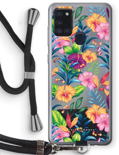 Case Company® - Hoesje met koord geschikt voor Samsung Galaxy A21s hoesje met Koord - Tropisch 2 - Telefoonhoesje met Zwart Koord - Bescherming aan alle Kanten en Over de Schermrand