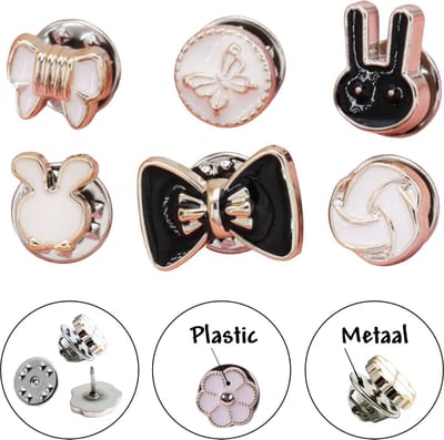 Fako Bijoux - Pin Broche Mini - Steek Pin Knopen Set - 6 Mini Broches - 8-12mm - Silver, Gold, Black & White - 6 Stuks - Zilver, Goud, Zwart & Wit - Serie 11