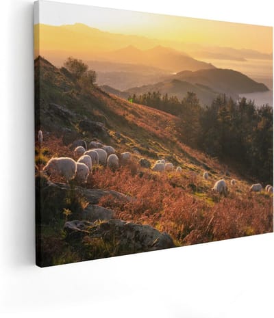 Artaza Canvas Schilderij Zonsondergang Bergen - 50x40 cm - Wanddecoratie Natuur - Muurdecoratie Schapen - Schilderijen Op Canvas
