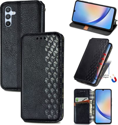 Luxe PU Lederen Ruitpatroon Wallet Case + PMMA Screenprotector voor Galaxy A34 5G _ Zwart