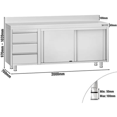 GGM Gastro Edelstahl Arbeitsschrank ECO - 2000x700mm - mit 3 Schubladen links & Aufkantung Zilver