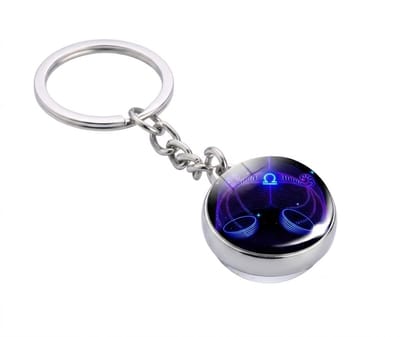 Zilverkleurige ronde sleutelhanger met blauwe weegschaal afbeelding – sleutelhanger voor dames en heren – metalen keychain met weegschaal sterrenbeeld symbool en schakel ketting
