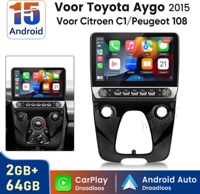 Hexinex 10.1" autoradio Geschikt voor Peugeot 108/ Citroen C1/ Toyota Aygo- Draadloos CarPlay, Android Auto, Android 15, multimediaspeler, 2GB+64GB