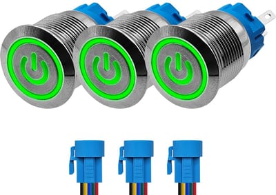 ProRide Drukschakelaar ON-OFF 12V/24V - 19mm Metaal - Waterdicht - LED Groen - Met Kabels - 3 stuks