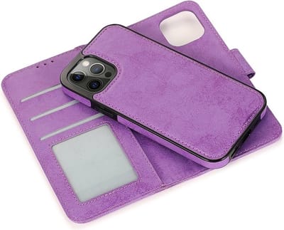 geschikt voor iPhone 15 Plus 2-in-1 Hoesje met Magnetische Backcover - Telefoonhoesje met vakjes voor pasjes - Inclusief polsbandje - Mobiq Magnetische 2-in-1 Wallet Case geschikt voor iPhone 15 Plus paars