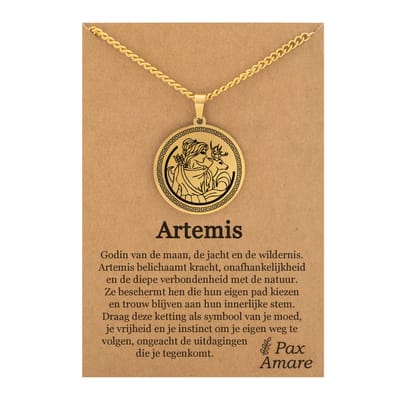 Griekse God Artemis Ketting op Cadeau Kaartje - Goudkleurige Mythologie Talisman - Roestvrij Staal - Olympus Cadeau - 60cm - Pax Amare