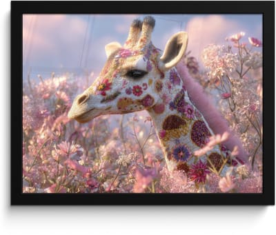 Poster in lijst - Fotolijst 40x30 cm - Posters - Giraffe - Bloemen - Roze - Posterlijst zwart - Decoratie - Wanddecoratie woonkamer - Muurdecoratie slaapkamer