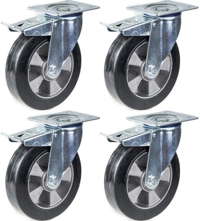 152 mm (6 inch) zwenkwiel met zwart rubber en rem, draagvermogen 1320 kg, set van 4