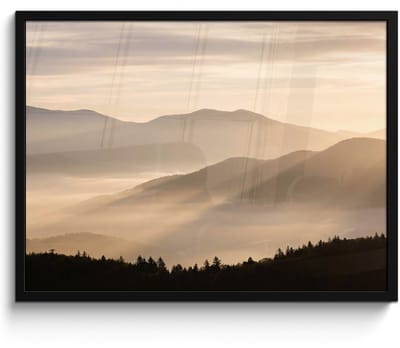 Poster in lijst - Fotolijst 80x60 cm - Posters - Bergen - Mist - Zonnestralen - Posterlijst zwart - Decoratie - Wanddecoratie woonkamer - Muurdecoratie slaapkamer