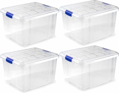 4x Opslagbakken/organizers met deksel 25 liter 42 cm transparant - Opbergbakken - Organizers/opbergbakken - Woonkamer/badkamer spullen opruimen