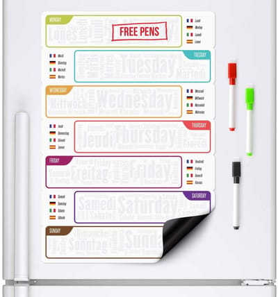 Dailygoody - Multilingual Magnetic Fridge Whiteboard - Dagplanner - A3 formaat - Droog uitwisbaar - Ideaal voor gezinnen - Kweek een goede organisatie