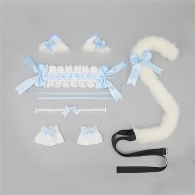 5 Stuks/Set Harige Kattenoor Haarspeldjes Hoofdband Strik Choker Polsband Pluche Kattenstaart Schattige Lolita Anime Feest Cosplay Accessoires ear tail white