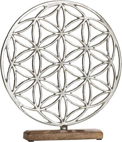 Decoratieve levensbloem hout aluminium - bruin zilver - hoogte 36 cm - ornament op voet - beeld - bloem - decoratie