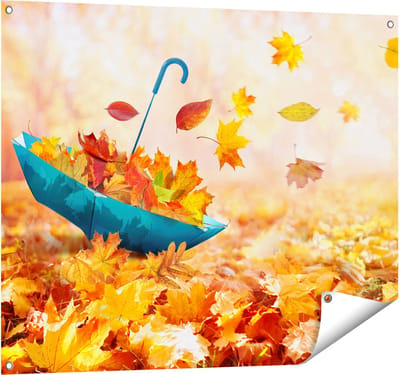 Gards Tuinposter Blauwe Paraplu in de Herfstbos met Bladeren - 100x80 cm - Tuindoek - Tuindecoratie - Wanddecoratie buiten - Tuinschilderij