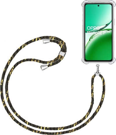 Telefoonkoord + Hoesje Geschikt voor OPPO Reno 12 F / Reno 12 FS - Lengte Verstelbaar - Telefoonketting - Shock Proof Case - Zwart Goud