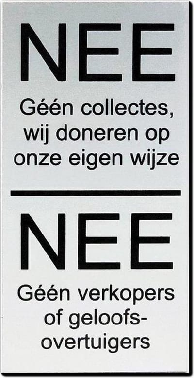 Nee Geen verkoop aan de deur - Aluminium - Geen colportage - Geen collectes - Geen geloofsovertuigers - 10 cm x 5 cm 1 mm.