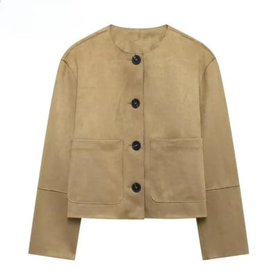 Damesjassen Herfst Cropped Suède Jas Damesmode Lange Mouw Demi-Seizoensjas Casual Knoop Korte Effen Jassen XS