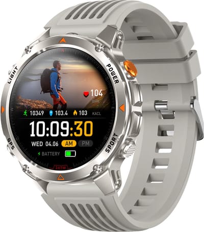 Knobbout 1.46”Scherm (3.7cm) GPS Outdoor Smartwatch – 6 Satelliet Positionering - Kompas & Hoogtemeter -LED-zaklamp - Hartslag & SpO₂, 30 m Waterdicht - 540mAh Batterij, Bluetooth 5.3-Zilver Grijs