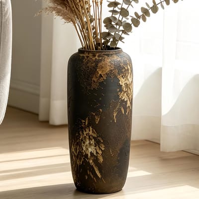 keramische zwarte vloervaas, 40 cm, rustieke boho-stijl voor pampasgras, bloemen of decoratie, perfect voor woonkamer, entree of tafel