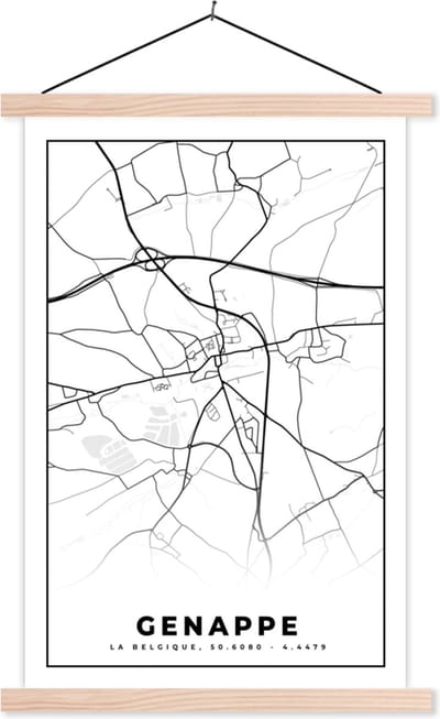 Posterhanger incl. Poster 40x60 cm - Schoolplaat - Stadskaart – Plattegrond – België – Zwart Wit – Genappe – Kaart - Textielposter - Blanke latten - Stadskaart