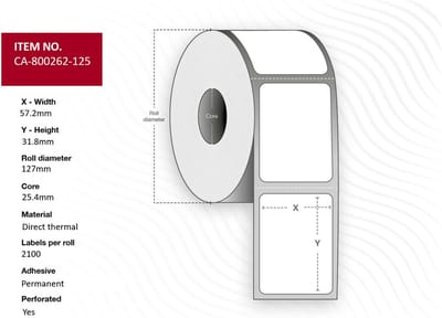 Label 57,2 x 31,8 mm, Kern 25,4 mm, Direct Thermisch, Hoogwaardig Gecoat, Permanent, Geperforeerd, 2100 labels per rol, 12 rollen per doos. Gelijk aan p/n: 800262-125