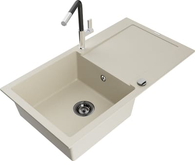 Mexen Leo granieten gootsteen 1-komoraal met afdruiprek en keukenmengkraan Flora, beige - 6501-69-670401-07-B