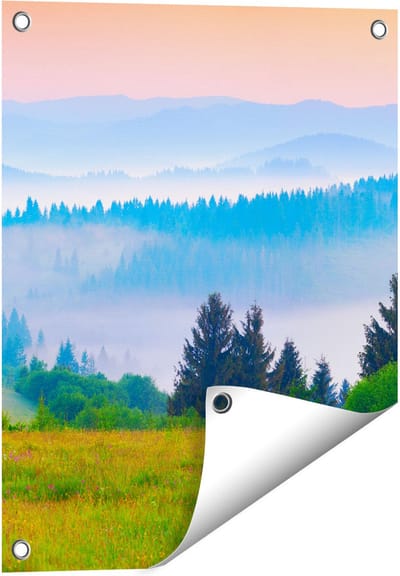 Gards Tuinposter Mistige Heuvel Landschap met Bossen - 40x50 cm - Tuindoek - Tuindecoratie - Wanddecoratie buiten - Tuinschilderij