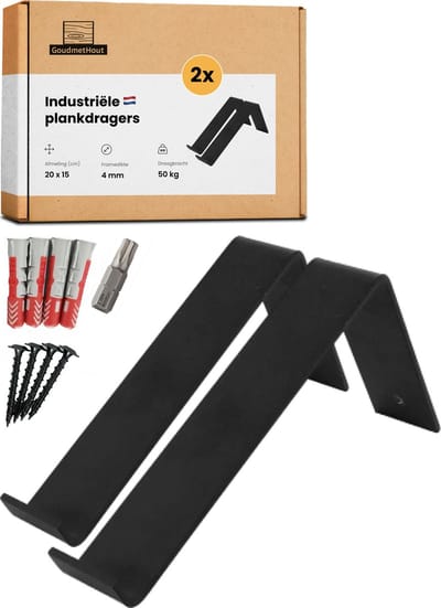 GoudmetHout® Industriële Plankdragers L-vorm - 20 cm - Stalen Plankdrager voor Wandschap, Muurrek of Wandconsole - Max 50 kg - 2 Stuks - Mat Zwart