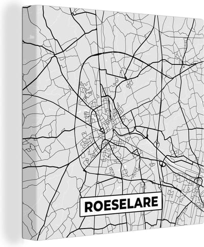 Canvas Schilderij Stadskaart – Zwart Wit - Kaart – Roeselare – België – Plattegrond - 20x20 cm - Wanddecoratie
