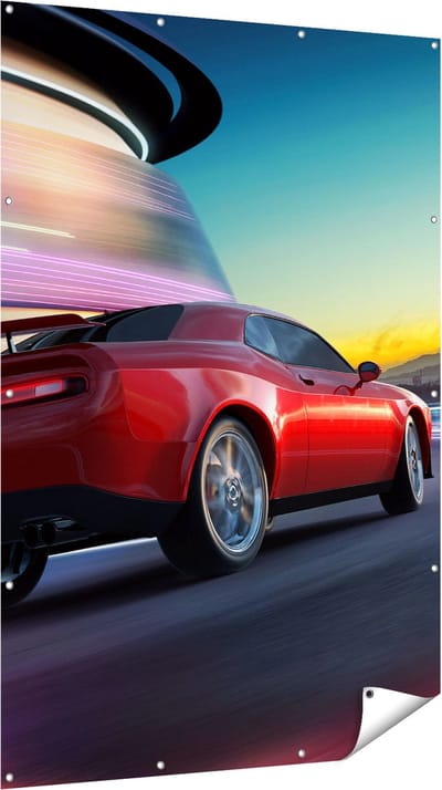 Gards Tuinposter Rode Sportwagen Auto in de Stad - 120x180 cm - Tuindoek - Tuindecoratie - Wanddecoratie buiten - Tuinschilderij