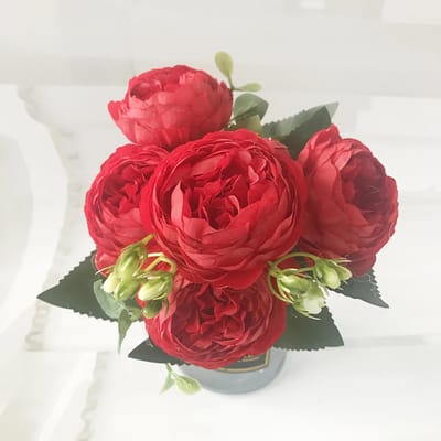 30cm Roze Zijde Pioen Kunstbloemen Boeket 5 Grote Kop en 4 Knop Goedkope Nepbloemen voor Thuis Bruiloft Decoratie binnen red