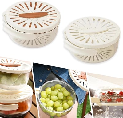 Multifunctionele Waskom voor Fruit en Groenten met Deksel, 2-in-1 Plastic Afvoermand met Vouwhandvat, Zeef en Colander voor Keukengebruik (Wit en Bruin, 2 Stuks)