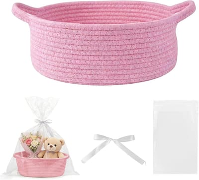 Lege Cadeaumand 30 x 20 x 12 cm, Geweven Mand met Cadeauzak en Strik, Roze Gevlochten Katoenen Mand met Handvat voor Babyshower, Verjaardag en Bruiloft