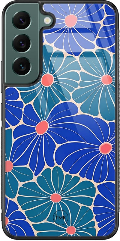 Hoesje geschikt voor Samsung Galaxy S22 - Indigo bloemen - Blauw - TPU luxe case (glossy toplaag) - Bloemen - Hardcase backcover zwart