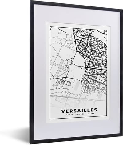 Fotolijst incl. Poster Zwart Wit- Kaart - Stadskaart - Versailles - Frankrijk - Plattegrond - Zwart wit - 30x40 cm - Posterlijst