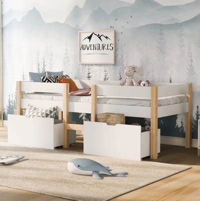 MEUNIQ Halfhoogslaper 90 x 190 cm met bedlade, uitvalbeveiliging en lattenbodem voor kinderkamer, wit met natuurlijke houtkleur