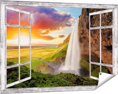 Gards Tuinposter Doorkijk Waterval in IJsland met Zonsondergang - 120x80 cm - Tuindoek - Tuindecoratie - Wanddecoratie buiten - Tuinschilderij
