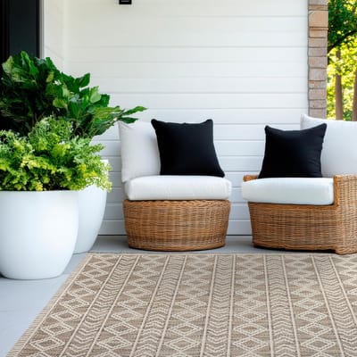 outdoor tapijt, weerbestendig - Speciaal plat weefsel voor binnen en buiten - Unieke ontwerpen - Robuust vloerkleed Ethno beige, 80 x 200 cm