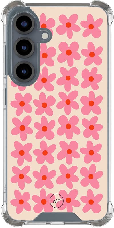 Hoesje (shockproof) geschikt voor Samsung Galaxy S25 - Retro Blooms - Extra sterke case - TPU/polycarbonaat - Bloemen - Roze, Transparant